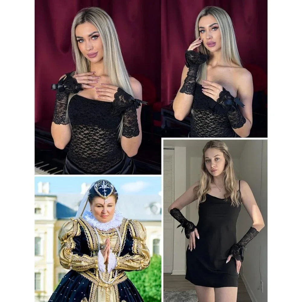 Women's Fingerless Black Bow Lace Gloves Elbow Sleeve Costume Party Prom